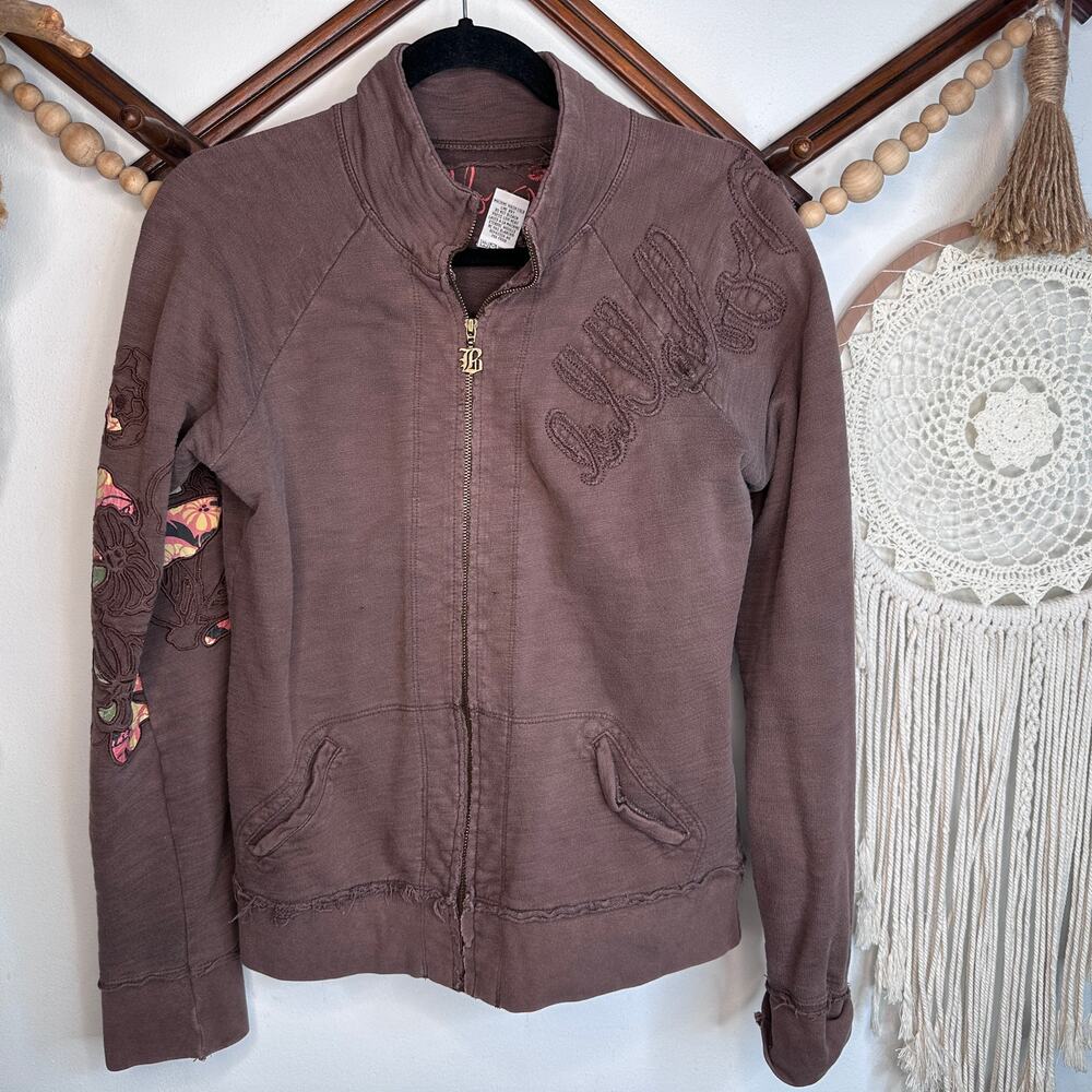 Billabong Brown Floral Embroidered Full Zip Jacket